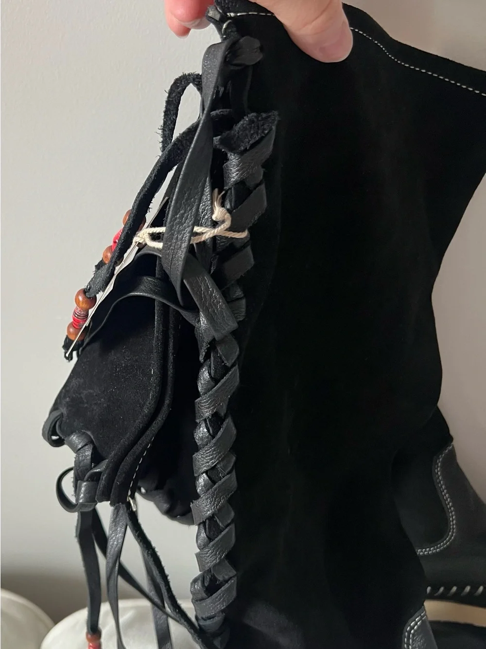Buyamba KOTIDO Black Suede Boho Knee High Lace-Up Boots Fair Trade 7.5 New